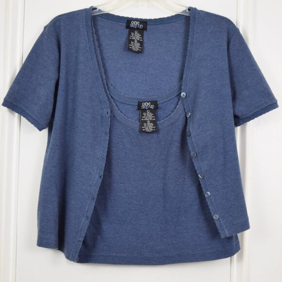 One Step Up 90s Matching Cardigan & Tank Cami Baby Tee Set Women Large Blue VTG - Picture 2 of 12